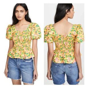 FARM Rio Yellow Pink Puff Sleeve Smocked Blouse
